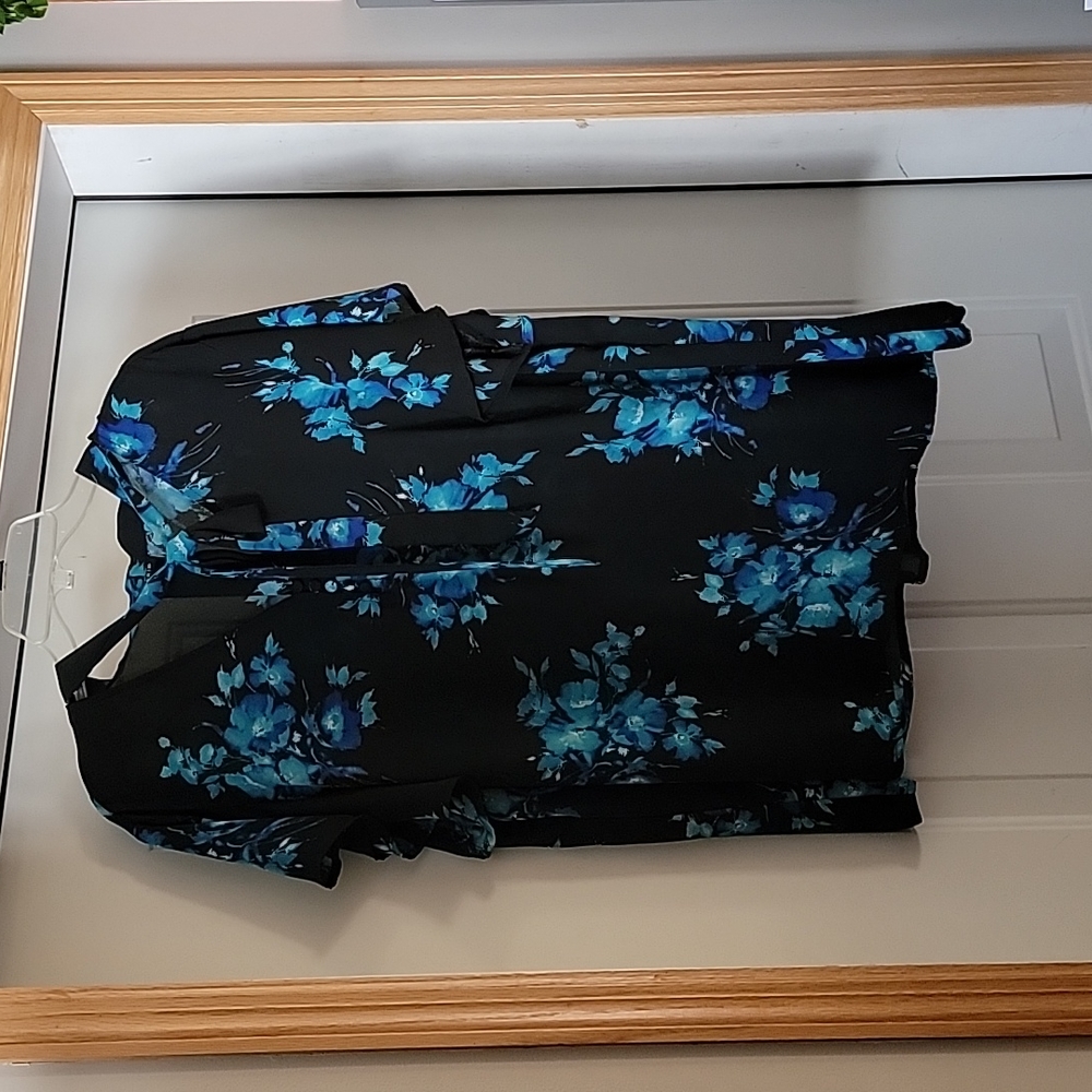 Black with blue floral blouse